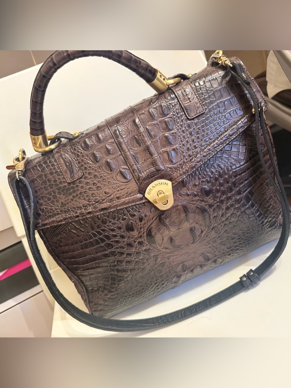 Brahmin Brown Croc-Embossed Leather Satchel